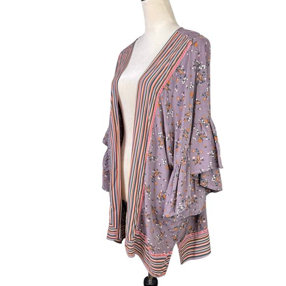 Matilda Jane M/L Along the Way Purple Bird Floral Stripe Print Open Front Kimono - Picture 4 of 13
